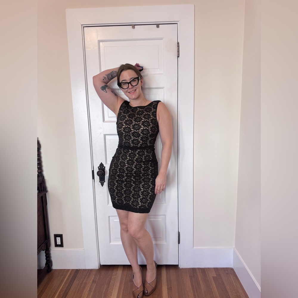 90s Vintage Nicole Miller Lace Illusion LBD Sz M